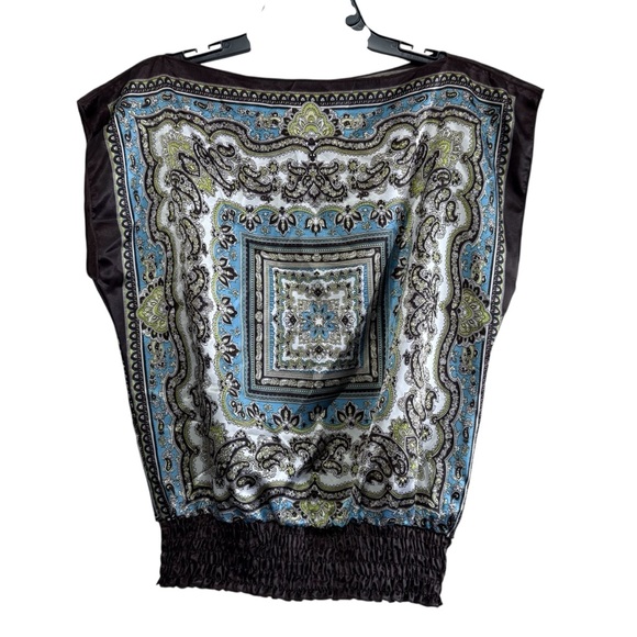 Y2K Bohemian Scarf Print Top - Ornate Medallion Blouse with Smocked Hem - Picture 3 of 8